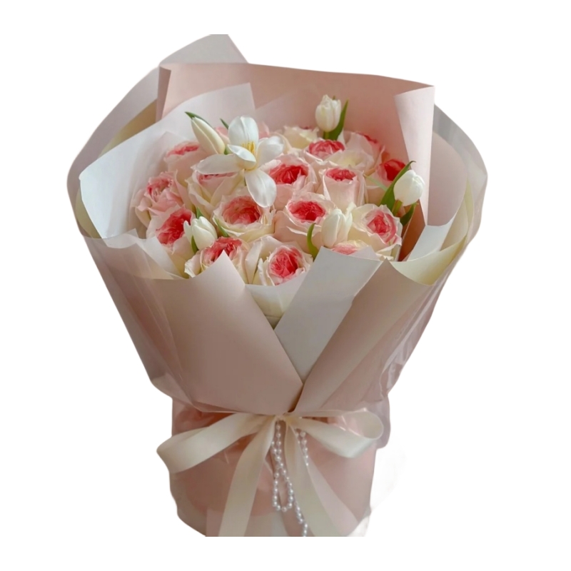 18枝白桃奶盖玫瑰韩式花束
